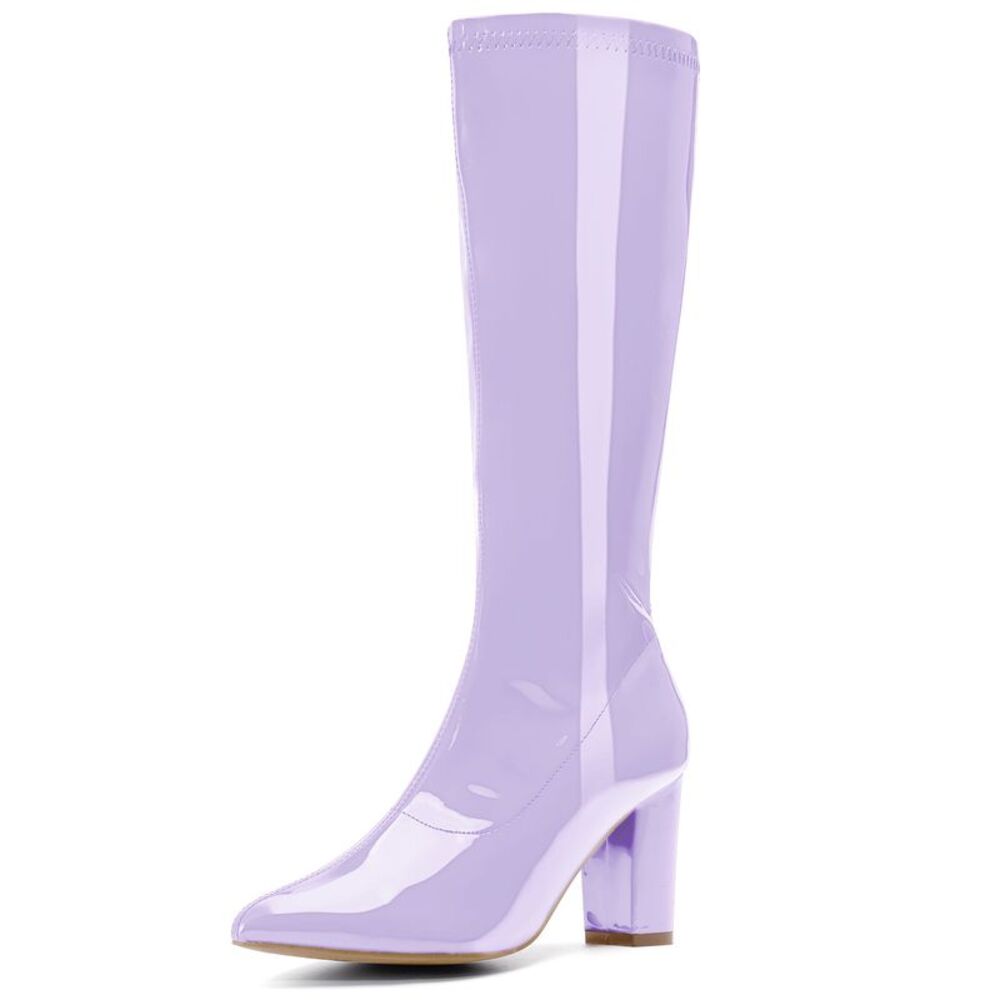 GoGo Boot Patent Leather Chunky Heels Knee High Boots Purple